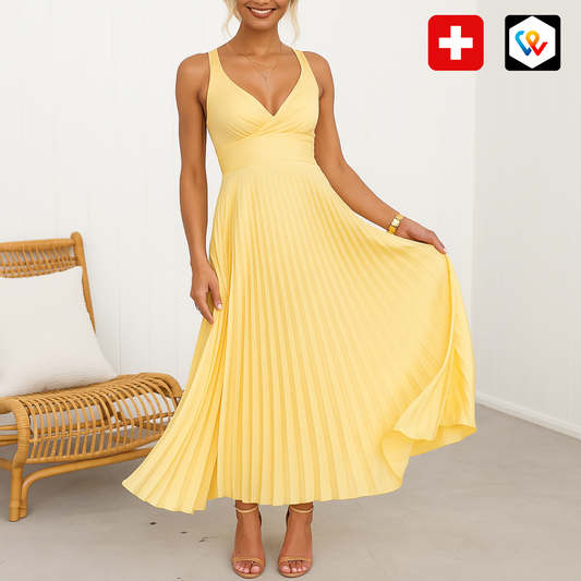 Aby - Gelbes Plissiertes V-Ausschnitt Maxikleid
